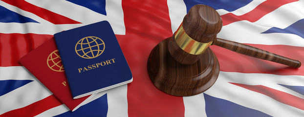 Two passports and a judge gavel on United kingdom flag background. 3d illustration