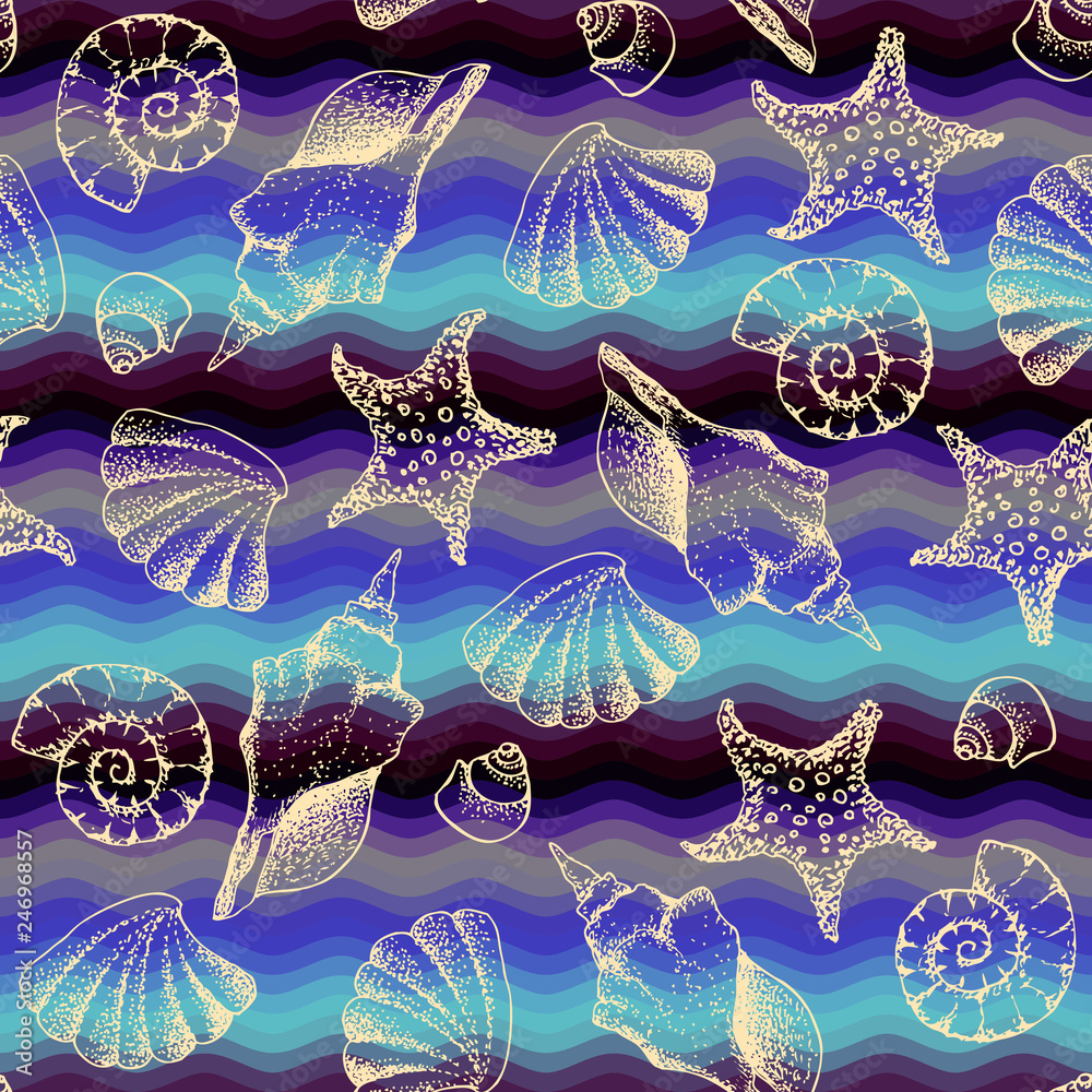 Poster blue waves pattern and hand draw in marine style.