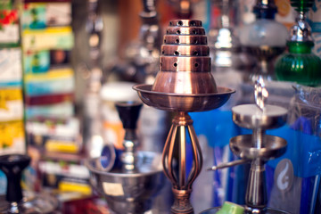 Hookah in souvenir shop,colorful shisha, arabic smoking