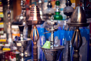 Hookah in souvenir shop,colorful shisha, arabic smoking