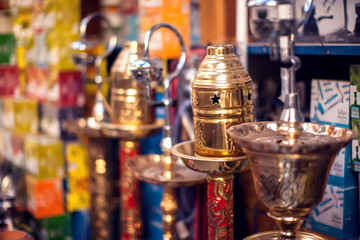 Hookah in souvenir shop,colorful shisha, arabic smoking