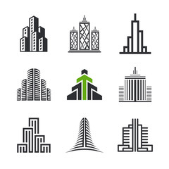 City buildings and houses. Set of icons and logo design elements for real estate agency, construction company, hotels