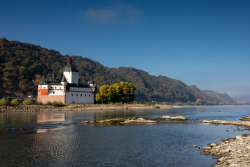 Low water in the Rhine river at Pfalzgrafenstein