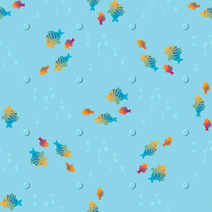 tropical fish and bubbles on a blue background. Seamless pattern