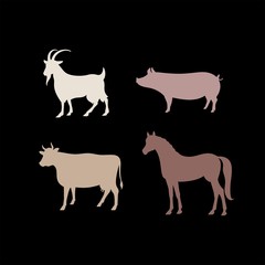 Farm animals vector silhouettes. Horse, cow, pig, goat vector silhouettes