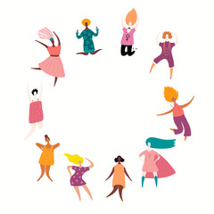 Round frame with diverse women dancing, jumping, superheroes. Isolated objects on white. Hand drawn vector illustration. Flat style design. Concept, element for feminism, girl power, womens day card.