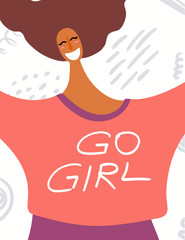 Womens day card, poster, banner, with quote Go girl and smiling dark skinned woman portrait. Hand drawn vector illustration. Flat style design. Concept, element for feminism, girl power.