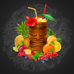 Tiki Cocktail With Fruits On Blackboard Background © Pagina