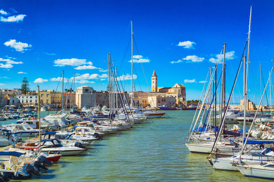 View of a nice fishing harbor and marina in Trani, Puglia region, Italy