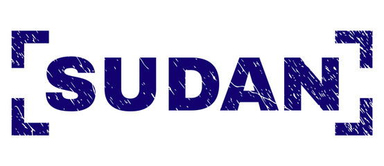 SUDAN text seal print with grunge texture. Text label is placed between corners. Blue vector rubber print of SUDAN with retro texture.