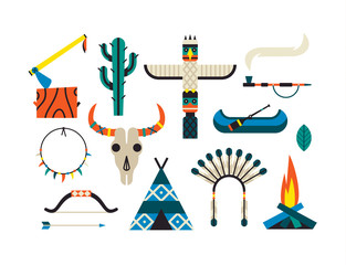 Fototapeta na wymiar Native American Indian Set. Vector flat illustration, ethnic icon set
