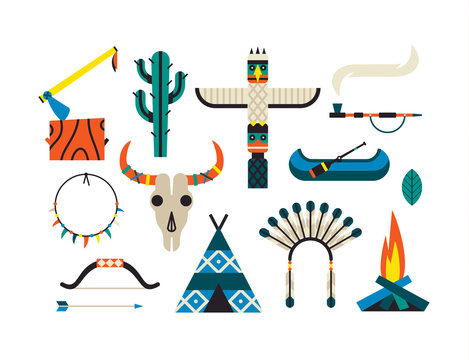 Native American Indian Set. Vector flat illustration, ethnic icon set
