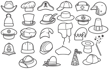 Different types of hats thin line icons set (cowboy, pirate, baseball cap, gentleman, chef, medical nurse, police officer, beret, magician, safari, hunter,pilgrim)