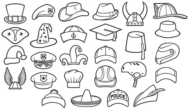 Different types of hats thin line icons set (cowboy, pirate, baseball cap, chef, police officer, military beret, wizard, Robin Hood, viking helmet, sombrero, captain, cyclist)