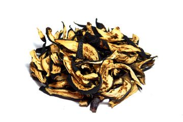 dried eggplant slices on white background.