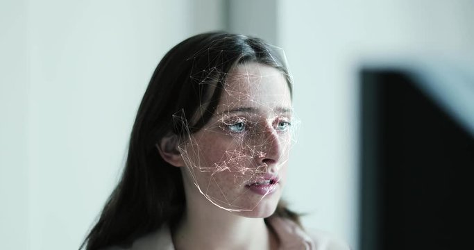 Business woman has bank and telephone bank protection by facial recognition, cyber security, business, technology and future