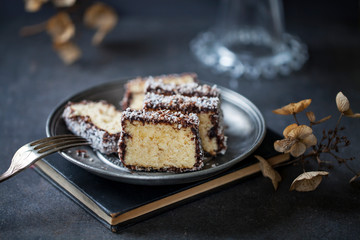 Australian Lamington cake, sponge cake with chocolate and coconut