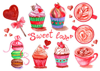 Watercolor set of sweets and coffee with hearts and the inscription Sweet love.