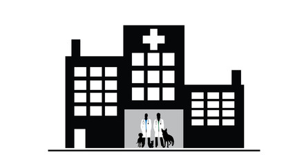 Illustration of icon hospital for animal. Vector silhouette on white background. Symbol of veterinary for dog and cat.