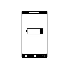 Illustration of mobil phone with low battery icon. Vector silhouette on white background. Symbol of telephone, cell phone, smartphone. Sign of recharging.