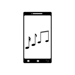 Illustration of mobil phone with music icon. Vector silhouette on white background. Symbol of telephone, cell phone, smartphone.