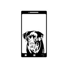 Illustration of mobil phone with dog icon. Vector silhouette on white background. Symbol of telephone, cell phone, smartphone. Labrador retriever on the screen.