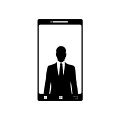 Illustration of mobil phone with anonymous businessman icon. Vector silhouette on white background. Symbol of telephone, cell phone, smartphone. Sign of people.