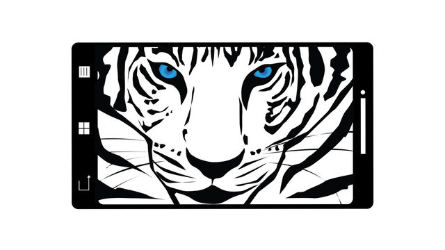 Illustration of mobil phone with tiger picture. Vector silhouette on white background. Symbol of telephone, cell phone, smartphone. Animal´s photo on the screen.