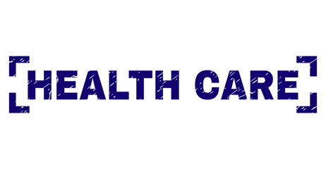 HEALTH CARE label seal print with grunge texture. Text tag is placed between corners. Blue vector rubber print of HEALTH CARE with corroded texture.
