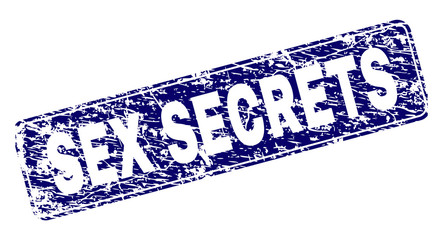 SEX SECRETS stamp seal print with grunge style. Seal shape is a rounded rectangle with frame. Blue vector rubber print of SEX SECRETS tag with dirty style.