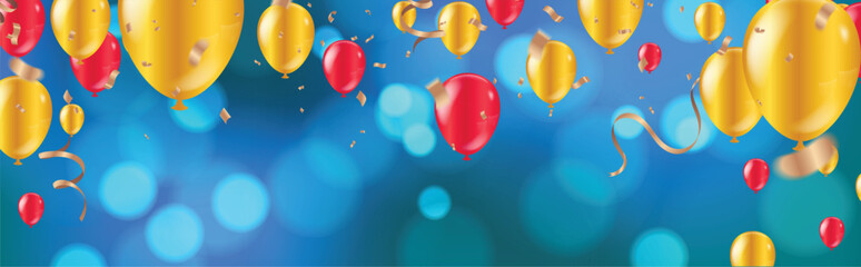Celebration. glossy golden and red balloons with  Dark blue holiday background with colorful shining bokeh and serpentine