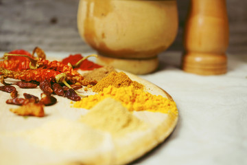 Mix of indian spices in a wooden table
