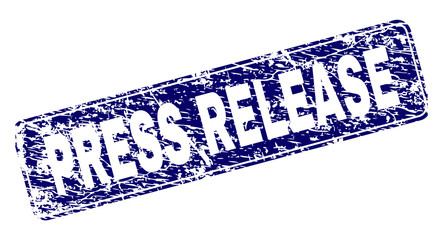 PRESS RELEASE stamp seal watermark with grunge style. Seal shape is a rounded rectangle with frame. Blue vector rubber print of PRESS RELEASE label with grunge style.