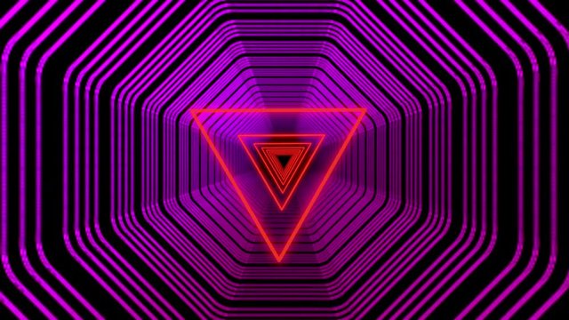 Beautiful Retro Futuristic 80s Purple Tunnel Triangle, with Neon Lights. Seamless Looped Animation. 4K