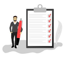A businessman holds a big pen and stands near a large checklist. Flat design. Vector illustration.