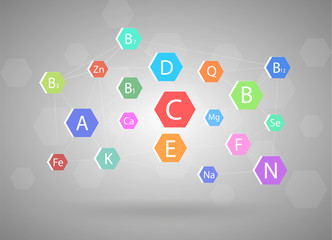 The complex of vitamins and minerals. Different vitamins concept on gray background.