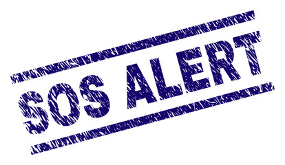 SOS ALERT seal imprint with distress style. Blue vector rubber print of SOS ALERT title with unclean texture. Text title is placed between parallel lines.