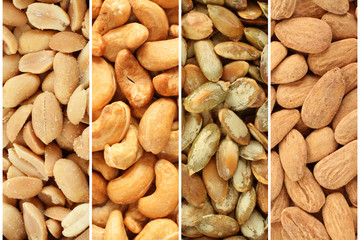 Roasted and salted nuts and seeds collage  - peanuts, pumpkin seeds, cashew nuts, almonds