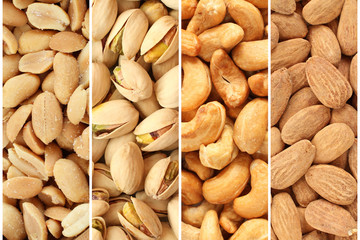 Roasted and salted nuts and seeds collage  - peanuts, pistachio nuts, cashew nuts, almonds