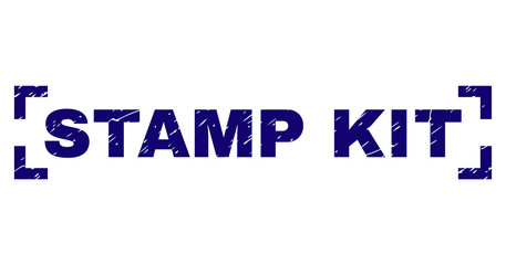STAMP KIT text seal print with grunge texture. Text tag is placed inside corners. Blue vector rubber print of STAMP KIT with corroded texture.