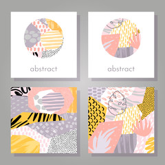 Abstract colorful collage backgrounds set. Hand drawn templates for card, flyer and invitation design. Vector illustration.
