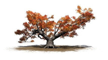 Naklejka premium a single high Japanese Maple tree in autumn on a sand area - isolated on white background