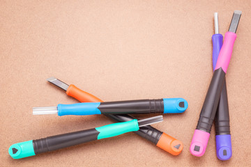 Set of modern wood carving tools on space of hardboard, Used for wood engraving or others
