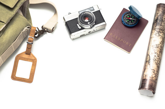 still life photography : Travel concept with luggage camera passport and map on white background