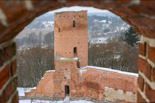 The ruins of The Gothic Castle of the Masovian Dukes in Czersk (36 km south of Warsaw), Masovian Voivodeship in Poland - in winter