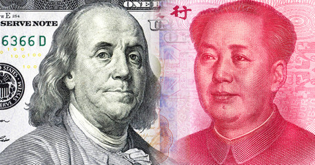Portrait of Benjamin Franklin against Mao Zedong