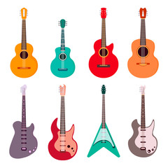 Guitar set. Acoustic guitar, electric guitar and ukulele on white background. String musical instruments. Cute flat cartoon style. Vector illustration
