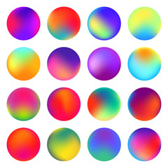 Rounded holographic gradient sphere button. Multicolor green purple yellow orange pink cyan fluid circle gradients, colorful soft round buttons or vivid color spheres flat vector set