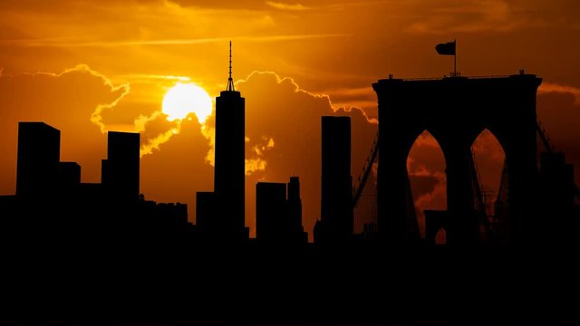 New York: Famous Skyline of Downtown from Brooklin Bridge at Sunset, Manhattan, New York City, USA