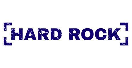 HARD ROCK title seal print with corroded effect. Text caption is placed inside corners. Blue vector rubber print of HARD ROCK with corroded texture.